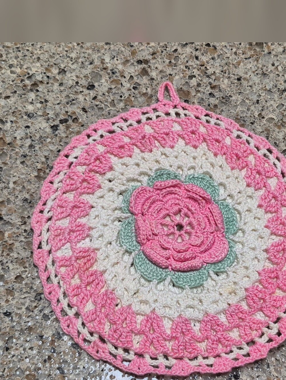 ​Vintage Handmade Crochet Potholder 3D Pink Rose Flower Thick Double Layer 6.25"